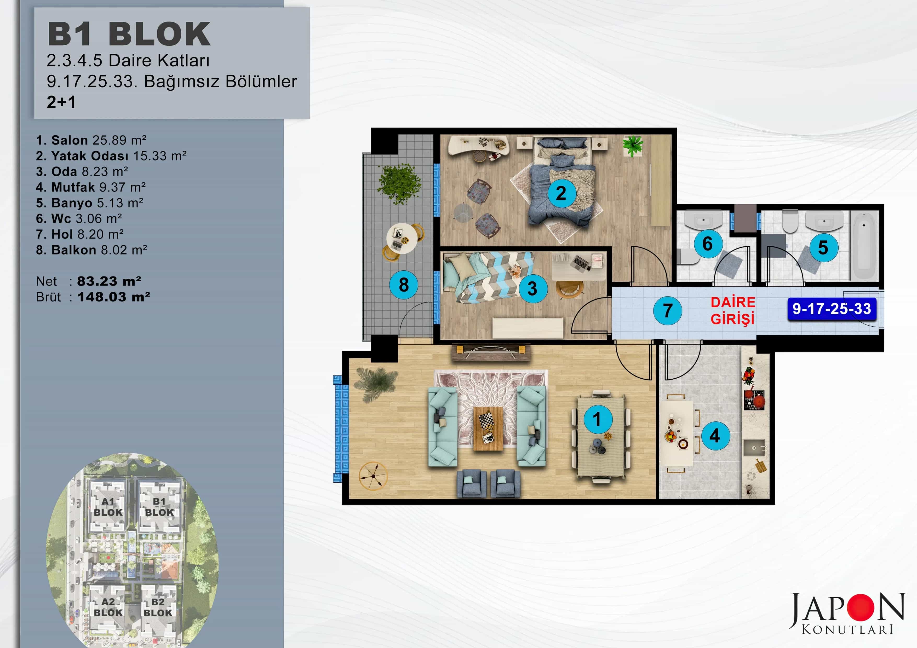 Sancaktepe 25 B1 Blok 9 No'lu 2+1 Daire – Daire Planı